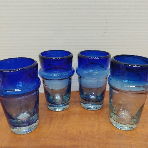 Handblown 6 ounce Mexican Glassware Blue Ring Drinking Glasses. Set Of 4. - Picture 1 of 6